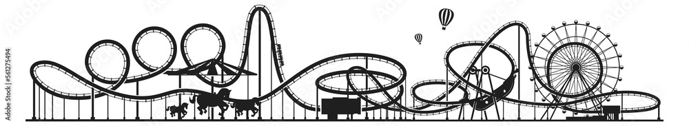 Horizontal amusement park silhouette. Roller coaster background Horizontal amusement park silhouette. Roller coaster background