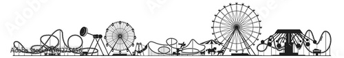 Amusement park panorama. Black line attraction icons