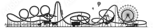 Horizontal amusement park silhouette. Roller coaster background