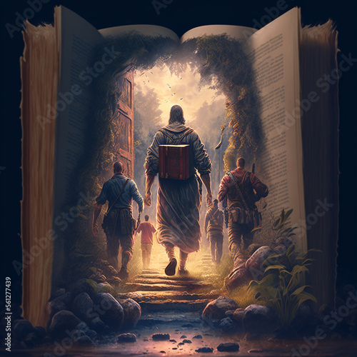 imagine walking into a bible story. Open book with biblical people walking in pages