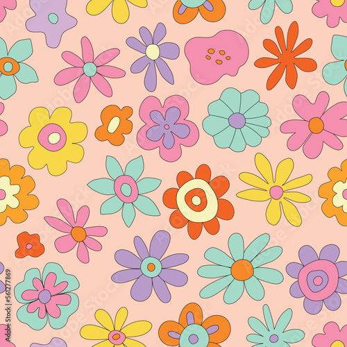 Groovy Flower Retro Seamless Pattern. Psychedelic Doodle Wavy Daisy Background in Trendy 1970s Hippie Style. Colorful Trippy Flower Print for Fabric, Wrapping Paper, Web Design, Poster. Cute wallpaper