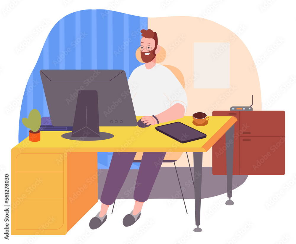 Man working on computer in cozy home interior Man working on computer in cozy home interior