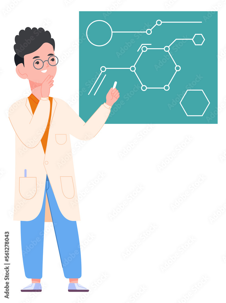 Scientist solving problem. Man thinking about chemical structure