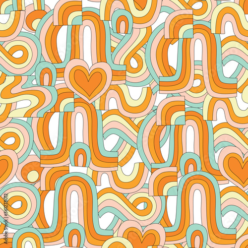 Groovy Rainbow Retro Seamless Pattern. Psychedelic Doodle Wavy Background in Trendy 1970s Hippie Style. Colorful Trippy Rainbow Print for Fabric, Wrapping Paper, Web Design, Poster. Cute Cover Design