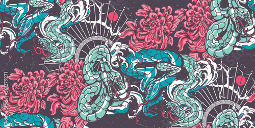 Color vintage seamless background with a snakes, japan chrysanthemums in tattoo style. Ideal for printing onto fabric and decorationColor vintage seamless background with a snakes, japan chrysanthemum