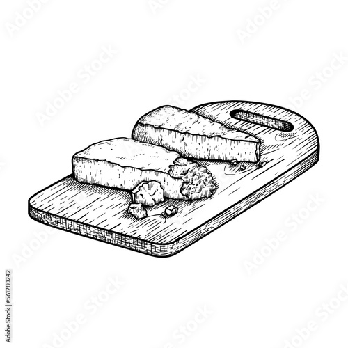 Traditional Italian cheese Parmegiano on the cutting wooden board with handle. Hand drawn sketch style. Vector illustration isolated on white.