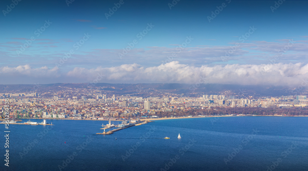 Panoramic cityscape view of Varna city, Bulgaria. Aerial panorama of Black sea, seashore area and the town.