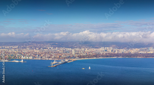 Panoramic cityscape view of Varna city, Bulgaria. Aerial panorama of Black sea, seashore area and the town.