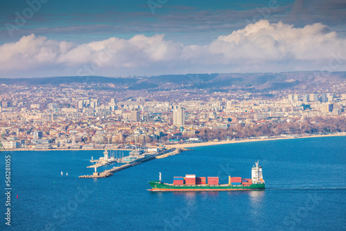 Panoramic cityscape view of Varna city, Bulgaria. Aerial panorama of Black sea, seashore area and the town.