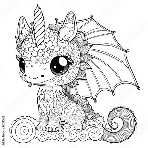 cute unicorn dragon. coloring book page for coloring book. doodling for kids and adults. created with Midjourney