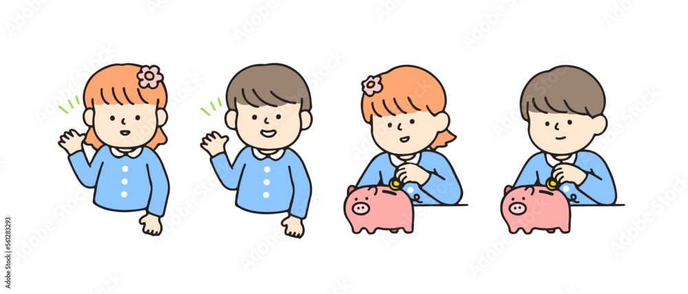 Little kid greeting and saving money. Cute cartoon characters, Back to school concept Little kid greeting and saving money. Cute cartoon characters, Back to school concept