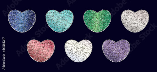 Seven multi-colored hearts with a sparkling effect of precious and semi-precious stones