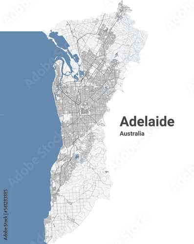 Detailed map of Adelaide city, сityscape. Royalty free vector illustration.