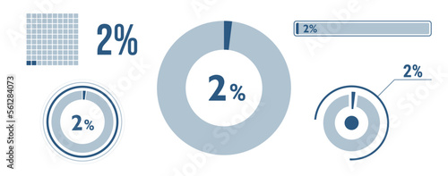 2% percentage infographic set. Two circle diagram, pie donut chart, progress bar. 2 percent loading data icon. Vector concept collection.