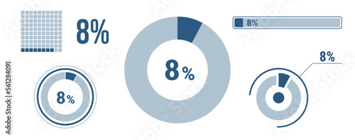 8% percentage infographic set. Eight circle diagram, pie donut chart, progress bar. 8 percent loading data icon. Vector concept collection.