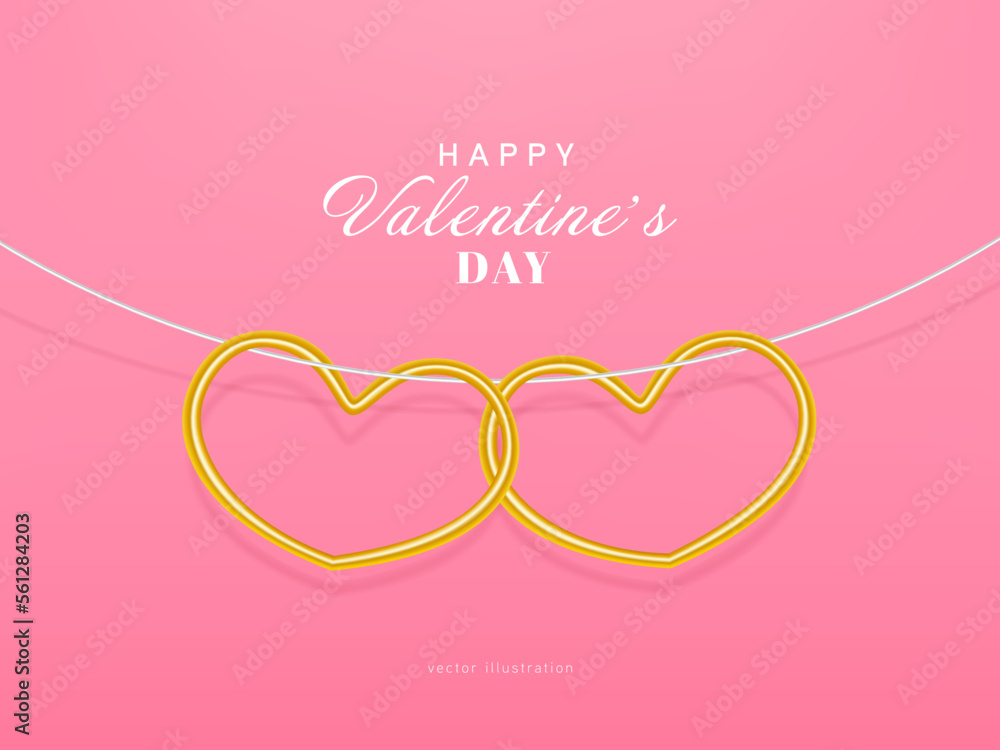 Golden metal hearts on pink background. Realistic 3d gold hearts design. Romantic Symbol of Love. vector illustration