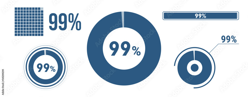 99% percentage infographic set. Ninety-nine circle diagram, pie donut chart, progress bar. 99 percent loading data icon. Vector concept collection.