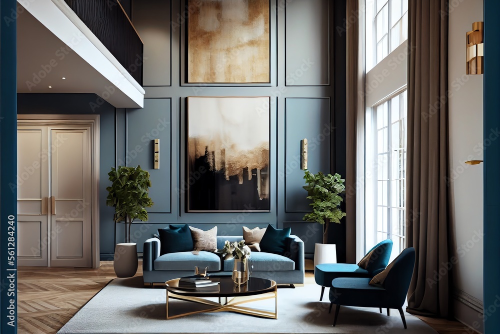 Makieta wnętrza domu z niebieską sofą, marmurowym stołem i dekoracją ścienną w kolorze tiffany blue w salonie - obrazy, fototapety, plakaty 