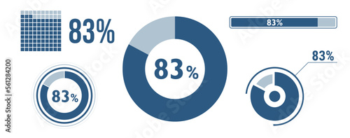 83% percentage infographic set. Eighty-three circle diagram, pie donut chart, progress bar. 83 percent loading data icon. Vector concept collection.