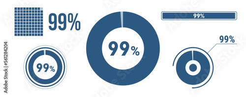 99% percentage infographic set. Ninety-nine circle diagram, pie donut chart, progress bar. 99 percent loading data icon. Vector concept collection.