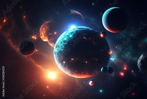 illustration on the theme of life in space with super bright colors and planets and stars