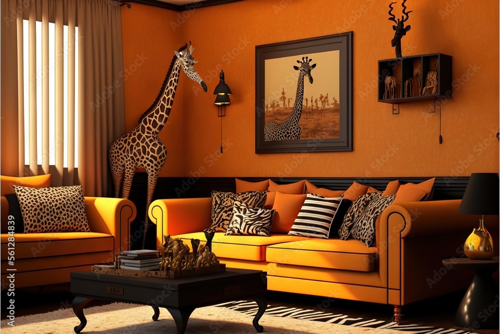a living room with a giraffe standing next to a couch and a coffee ...
