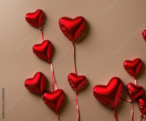 valentine's day background with hearts balloon and red heart on a wooden table.
