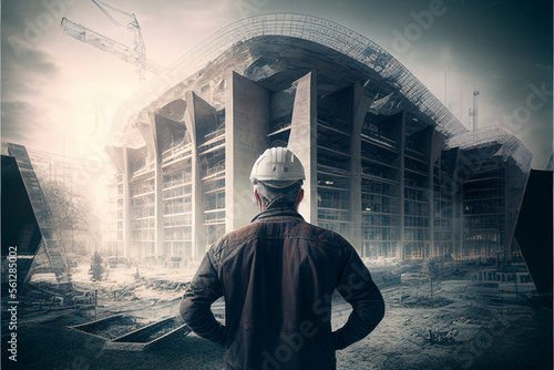 An engineer in a hard hat looks at a house under construction. AI generated. © StockMediaProduction