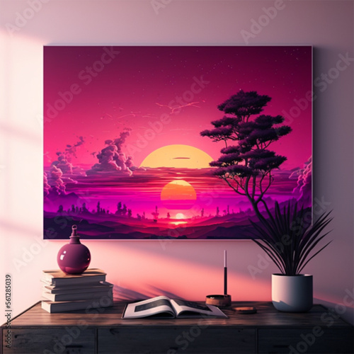Sunset frame in pink and purple colors in an AI generated indoor environment