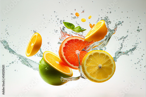 Citrus fruit lemon, lime, orange, grapefruit splashes in water, Generative AI