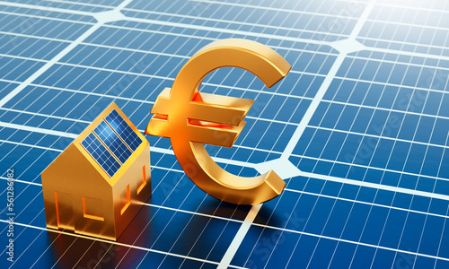 golden house model with Solar panels on the roof and The euro currency symbol put on the solar panel surface. leadership concept in sustainable energy.