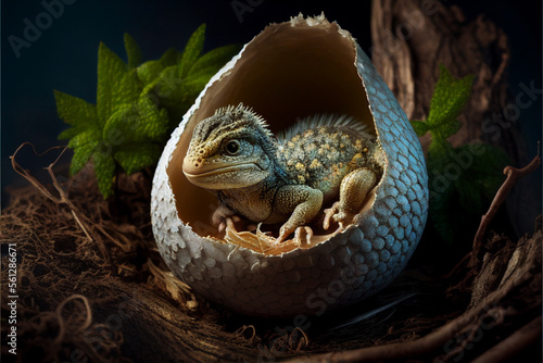 Newborn baby dragon in an egg. AI generated. © StockMediaProduction