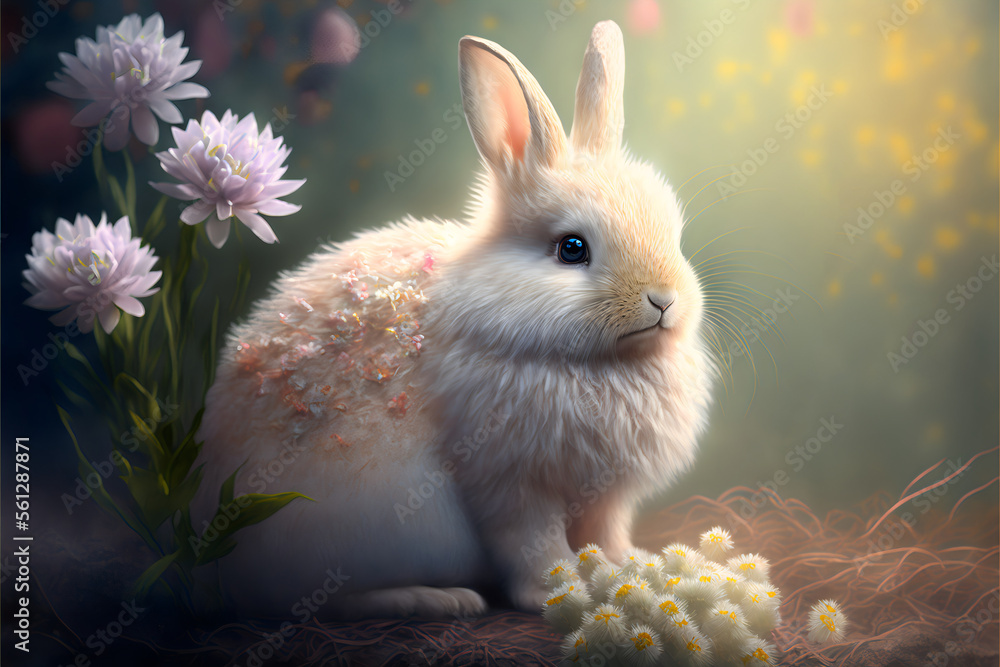 White beautiful rabbit primroses and chrysanthemums on a spring background. Generated by ai.