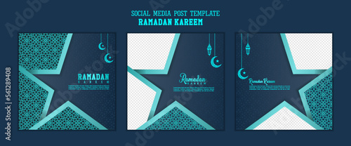 Set of social media post template in square background with simple ornament design for Ramadan Kareem. Good template for islamic celebration design.