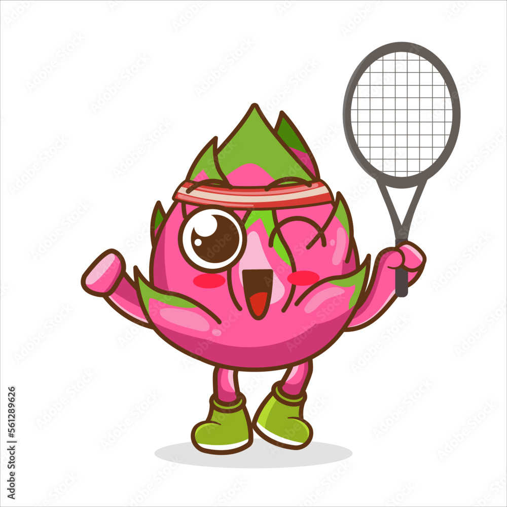 Obraz premium dragon fruit cartoon mascot playing badminton