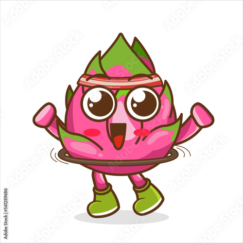 dragon fruit cartoon mascot playing hulahoop