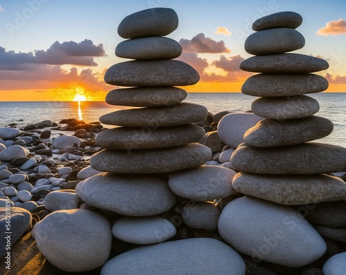 pile of rocks, beautiful sunset over the sea