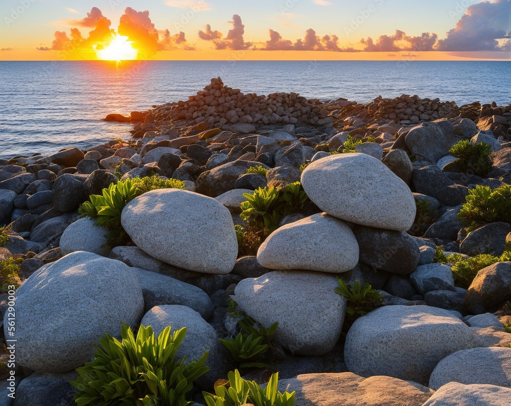 pile of rocks, beautiful sunset over the sea pile of rocks, beautiful sunset over the sea