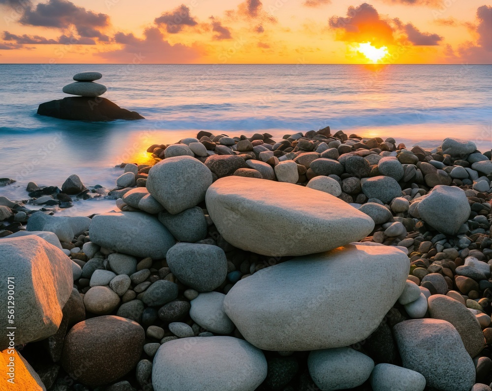 pile of rocks, beautiful sunset over the sea