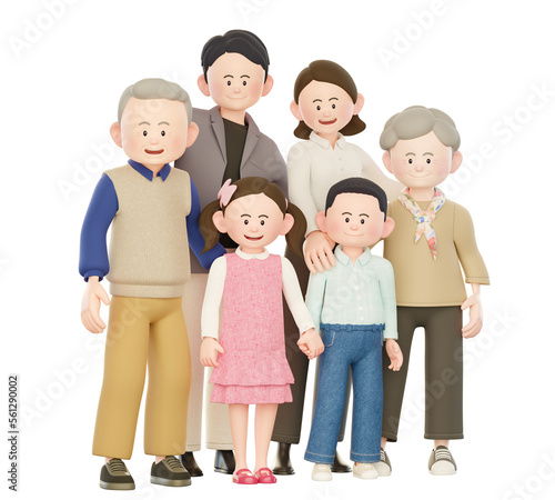 A 3D Illustration of Six Large Families Looking to One Side with a Smile