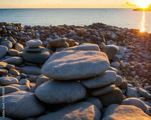 pile of rocks, beautiful sunset over the sea