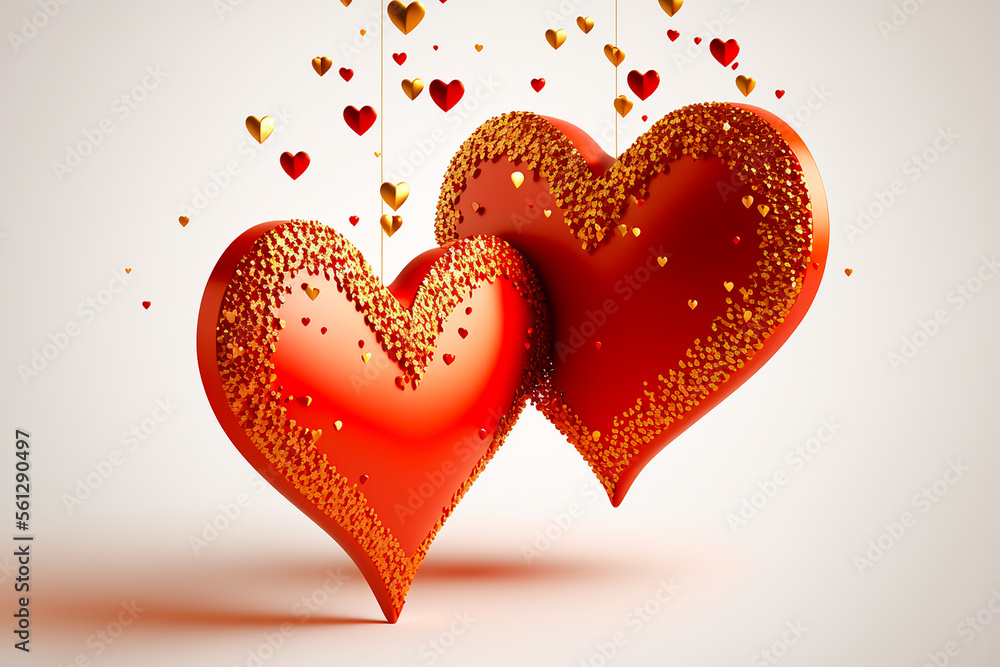 Valentine's Day Red pair of hearts. two hearts with bright light decorative garlands and golden confetti. Isolated on white background. Generative AI Valentine's Day Red pair of hearts. two hearts with bright light decorative garlands and golden confetti. Isolated on white background. Generative AI