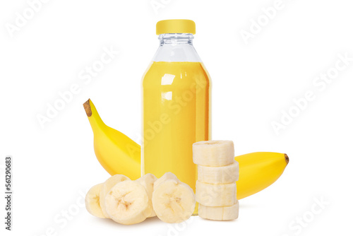 Bottle of fresh banana juice, nectar. A set of bananas whole and pieces. Isolated on white background.