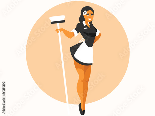 Smiling maid with mop, housemaid wearing classic uniform with black dress and white apron, cleaning service. Vector graphics
