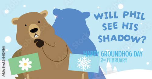 Groundhog Day  greeting card illustration with Phil's shadow. Groundhog meteorology predictions on February 2.