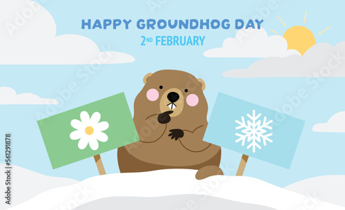 Groundhog Phil on his snowy burrow choosing between spring and winter. Sun hidden by clouds. Groundhog Day greeting banner on 2 February.