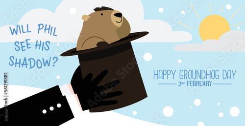 Groundhog Phil popping from a  top hat hold by a man. Groundhog day February 2 banner vector illustration.