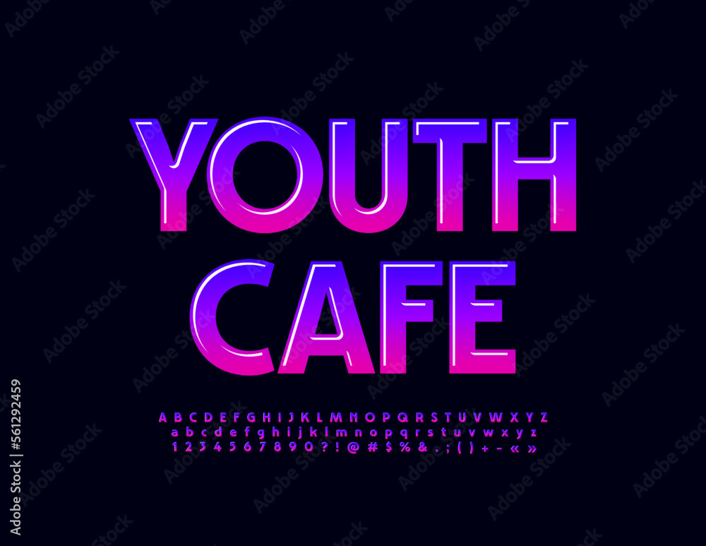 Vector modern poster Youth Cafe. Bright glossy Font. Creative Alphabet Letters and Numbers.