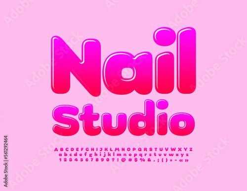 Vector glamour emblem Nail Studio with gradient color Font. Bright trendy Alphabet Letters, Numbers and Symbols set
