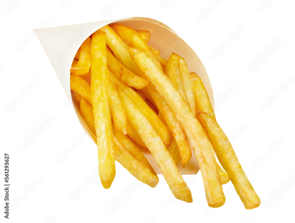French Fries in paper package isolated on white background French Fries in paper package isolated on white background